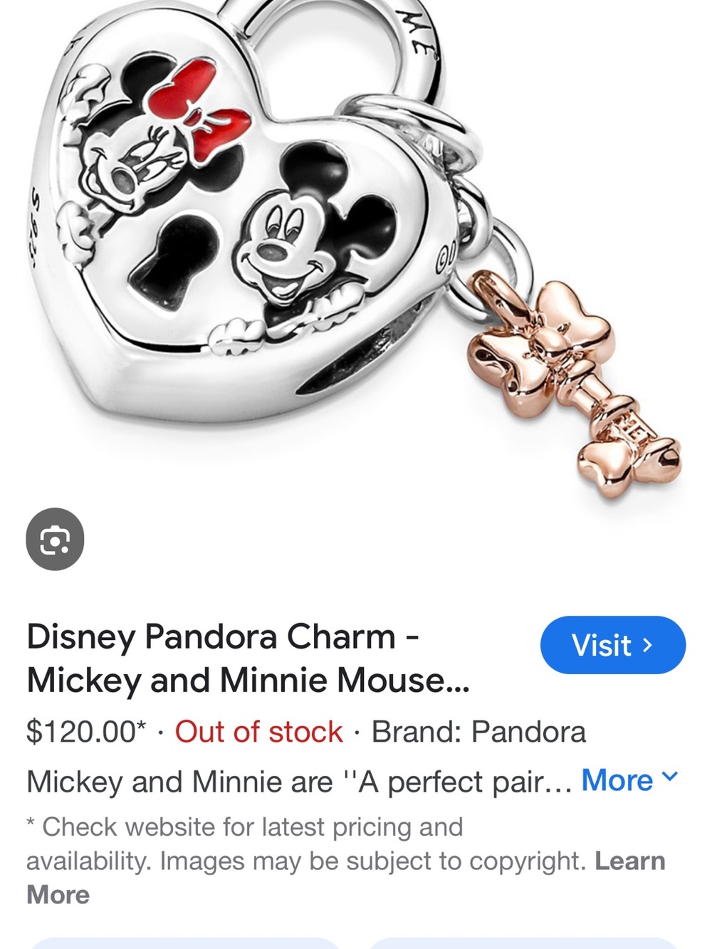 ❤️Disney Pandora Sterling Silver Mickey & Minnie Heart Lock Charm Rose Gold Key - Picture 2 of 8